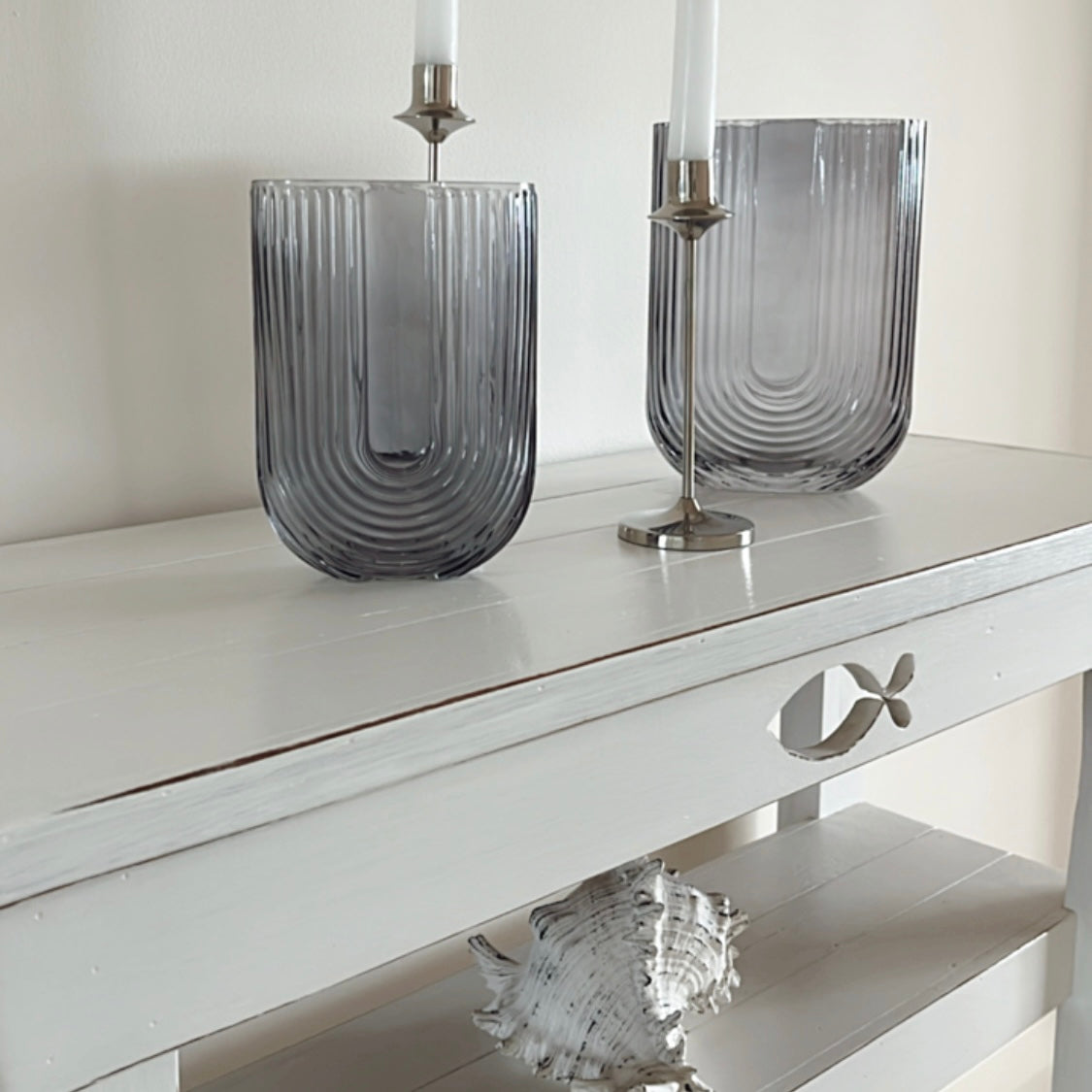 Ribbed U Shaped Glass Vase-Medium-Grey-4