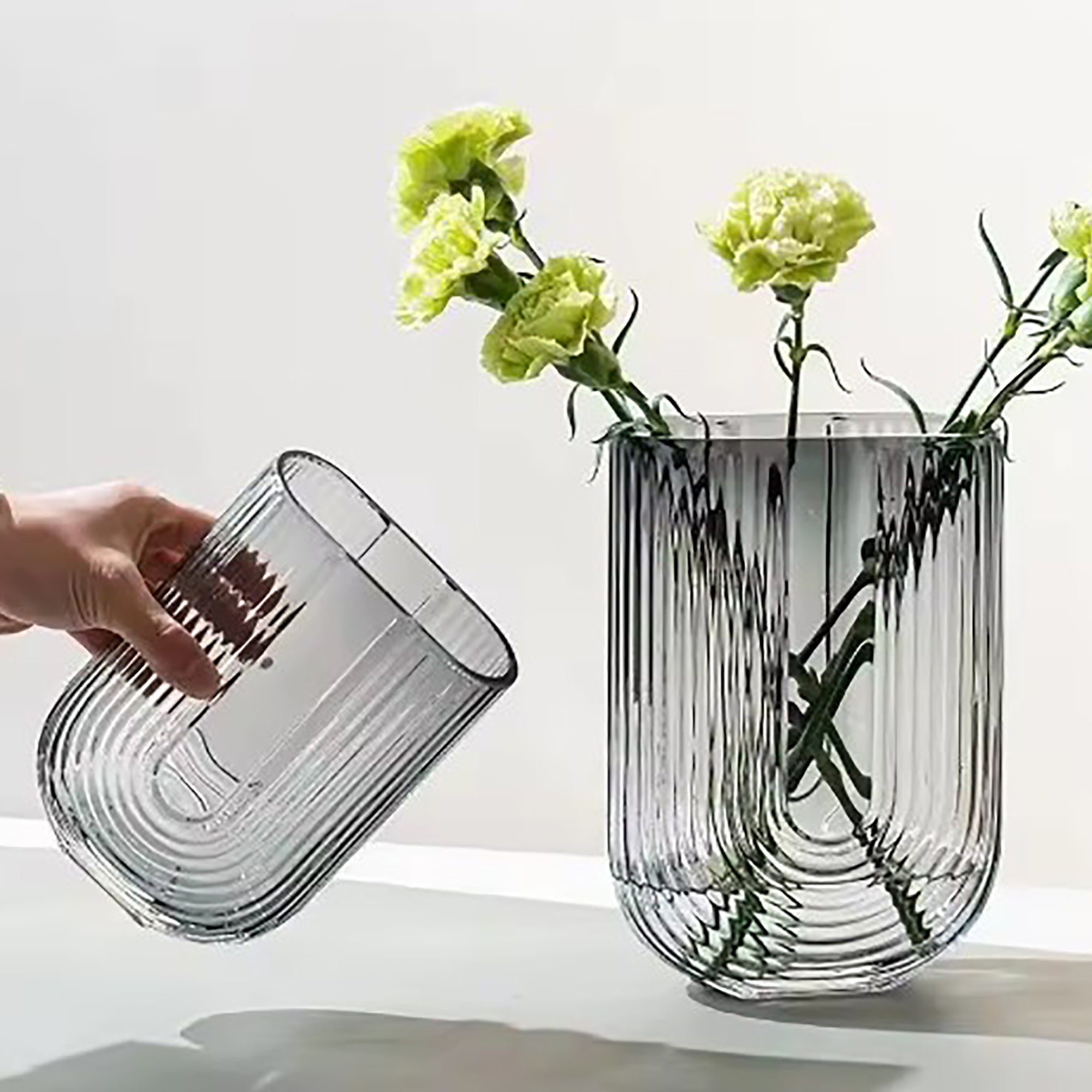 Ribbed U Shaped Glass Vase-Medium-Grey-3