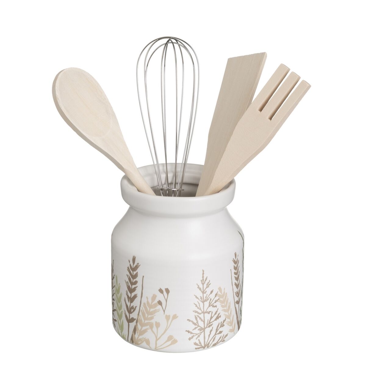 Pot for Kitchen Utensils GRASS Wood Metal Stoneware 12 x 12 x 13 cm-0