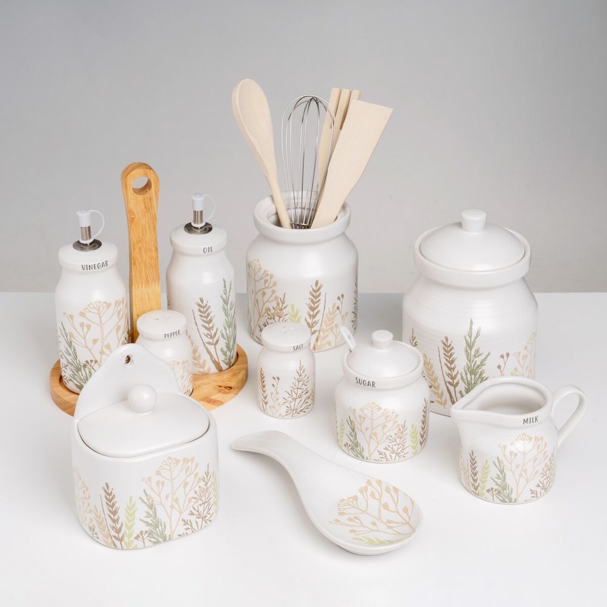 Pot for Kitchen Utensils GRASS Wood Metal Stoneware 12 x 12 x 13 cm-1