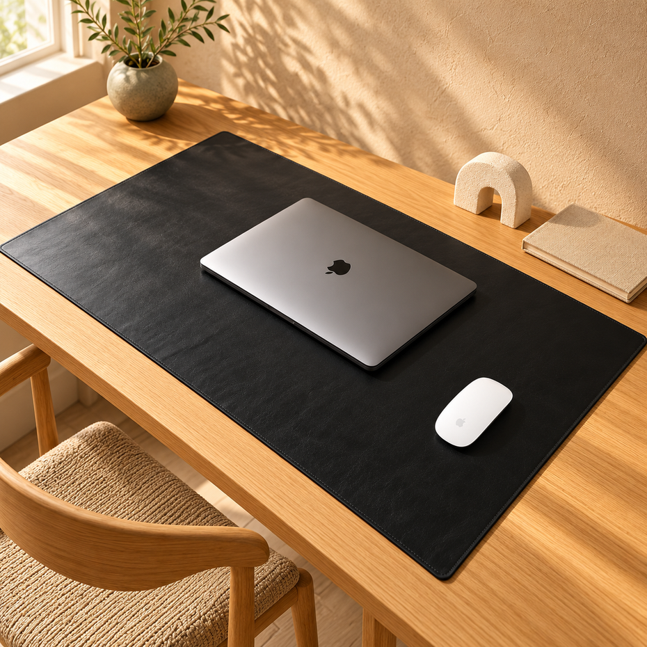 Black Leather Desk Pad – Handgefertigte Schreibtischunterlage aus Kalbsleder