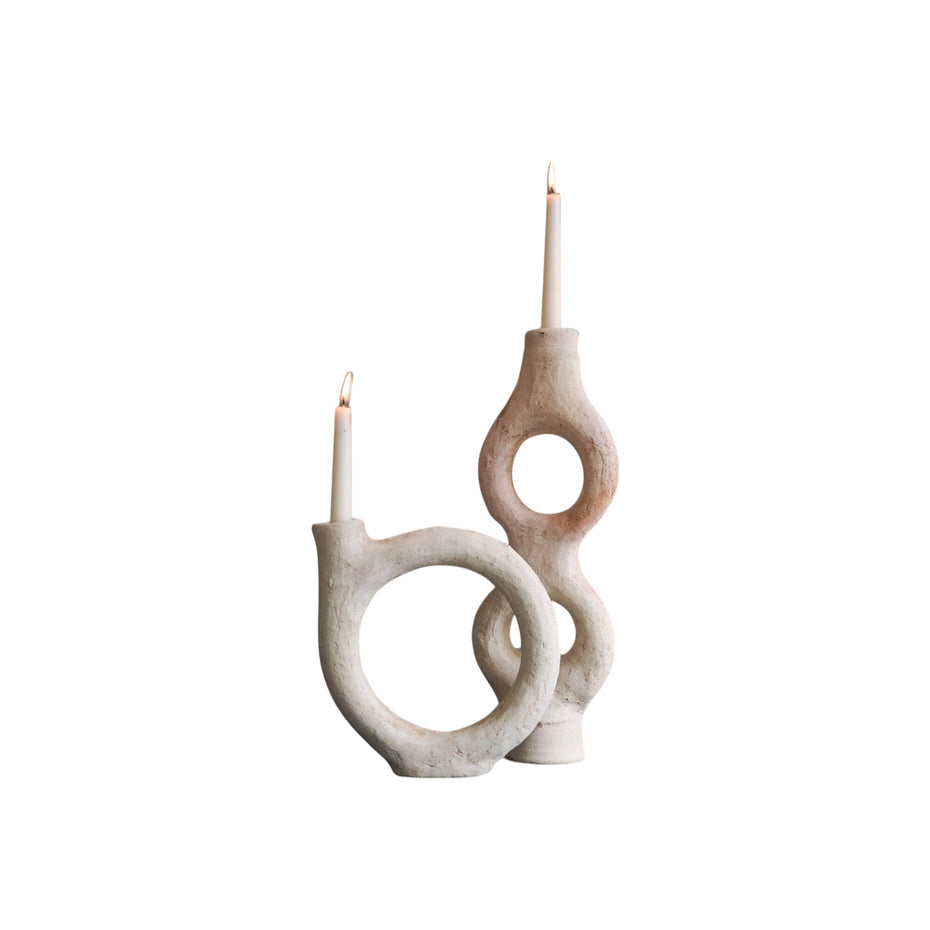 Handpicked duo of Moroccan unglazed abstract Tamegroute sculptures/candle holders