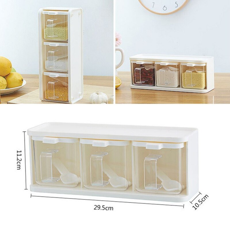 3 Grids Spoon Kitchen With Lid Container Seasoning Box Herb Spices Storage Condiment Jar Cooking Seasoning Box Pattern Random 1-2