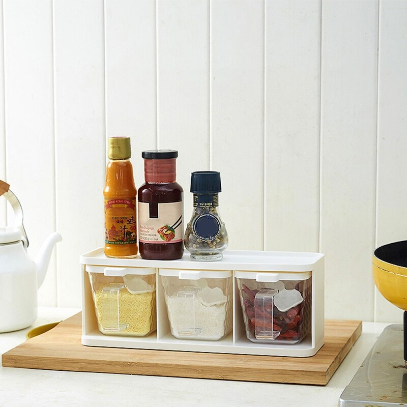 3 Grids Spoon Kitchen With Lid Container Seasoning Box Herb Spices Storage Condiment Jar Cooking Seasoning Box Pattern Random 1-4