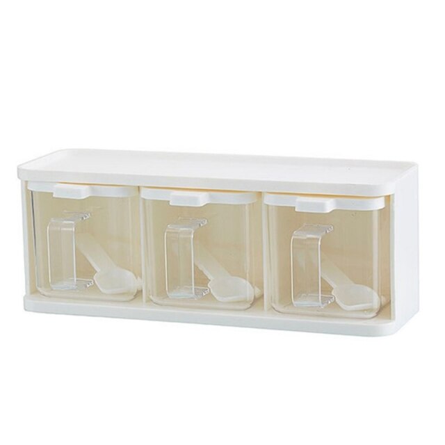 3 Grids Spoon Kitchen With Lid Container Seasoning Box Herb Spices Storage Condiment Jar Cooking Seasoning Box Pattern Random 1-5